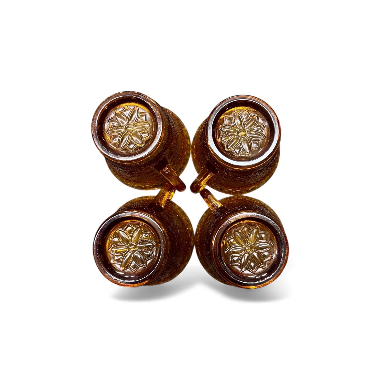 Vintage Tiara Amber Glass Teacup Set Ornate Floral Pattern Vintage Set of 4