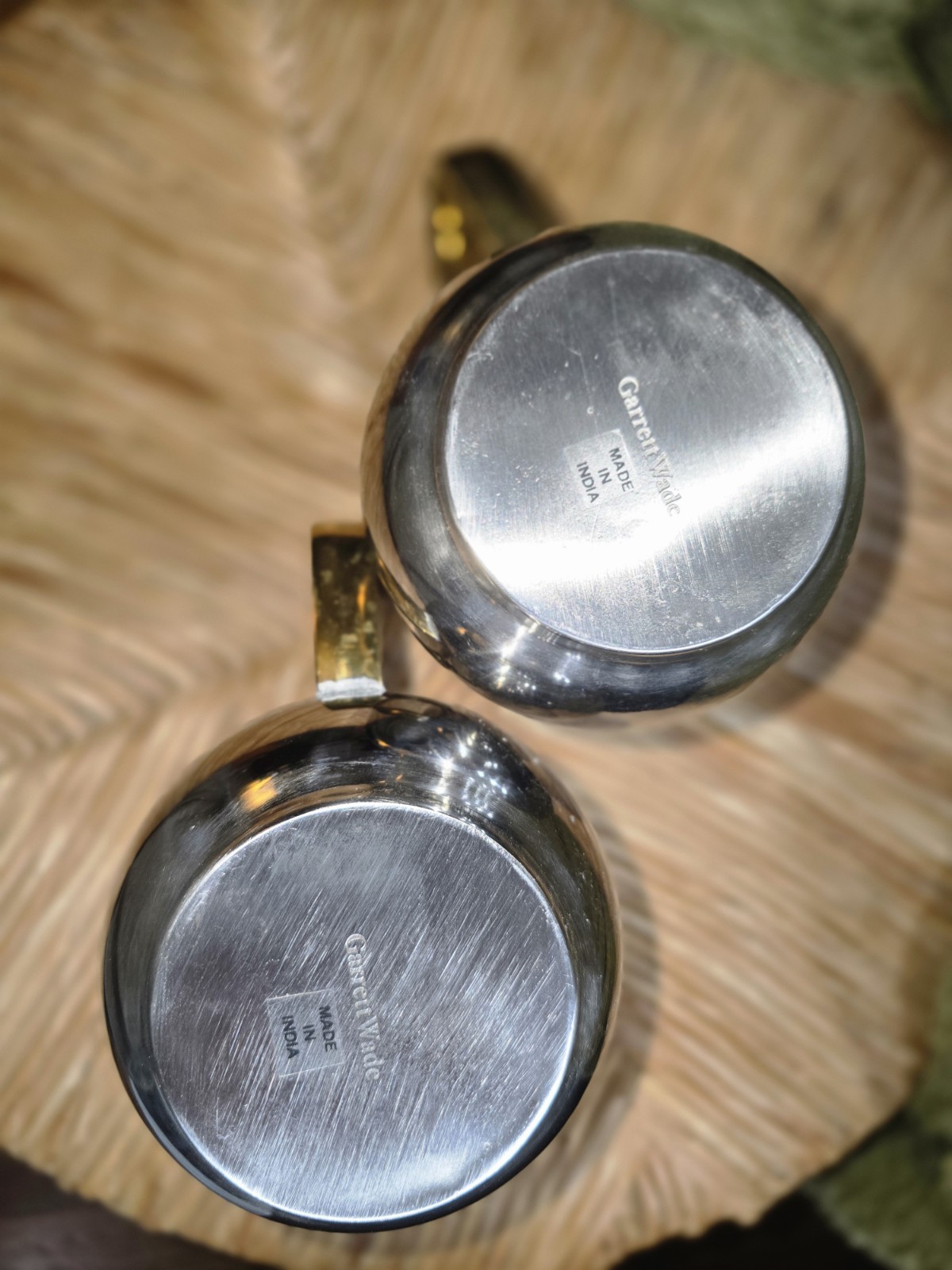 Set of 2- 18 Oz Garrett Wade Stainless Steel Mugs Bronze Handles