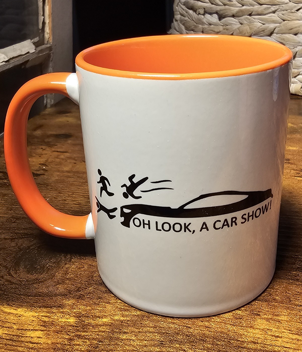 Ceramic 11 fl oz Coffee Mug White/Orange/Black “Oh Look, A Car Show!” Cars