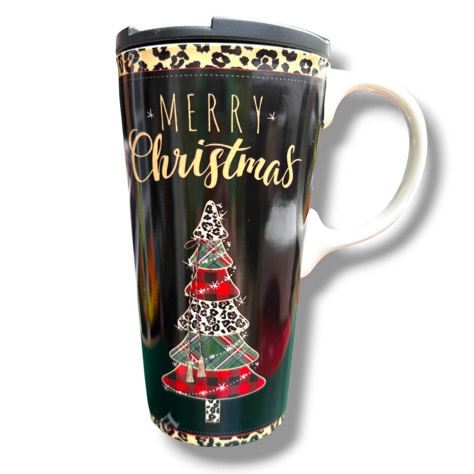 Evergreen Merry Christmas Ceramic Travel Mug Leopard Print Plaid Tree 17 oz