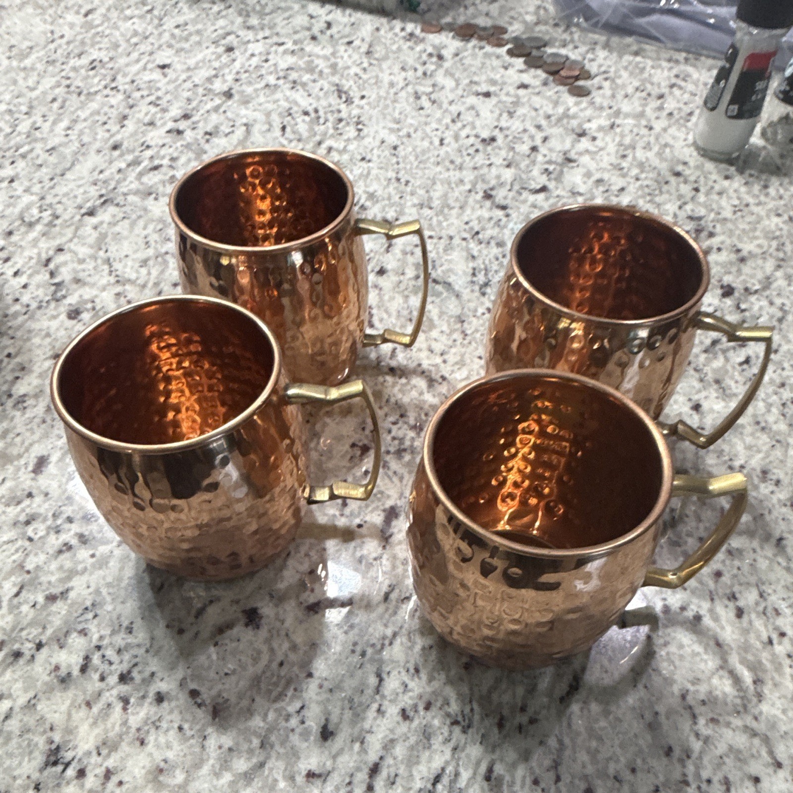 4pc Hammered Copper Moscow Mule Mugs Round w/ Brass Tone Handles Lile New Unused