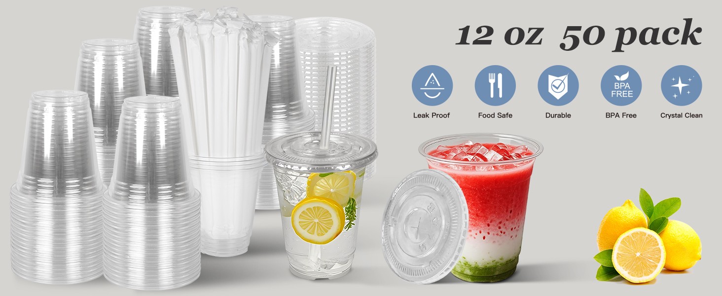 100 Sets- Clear Plastic Cups with Lids and Straws, Disposable To Go Cups for