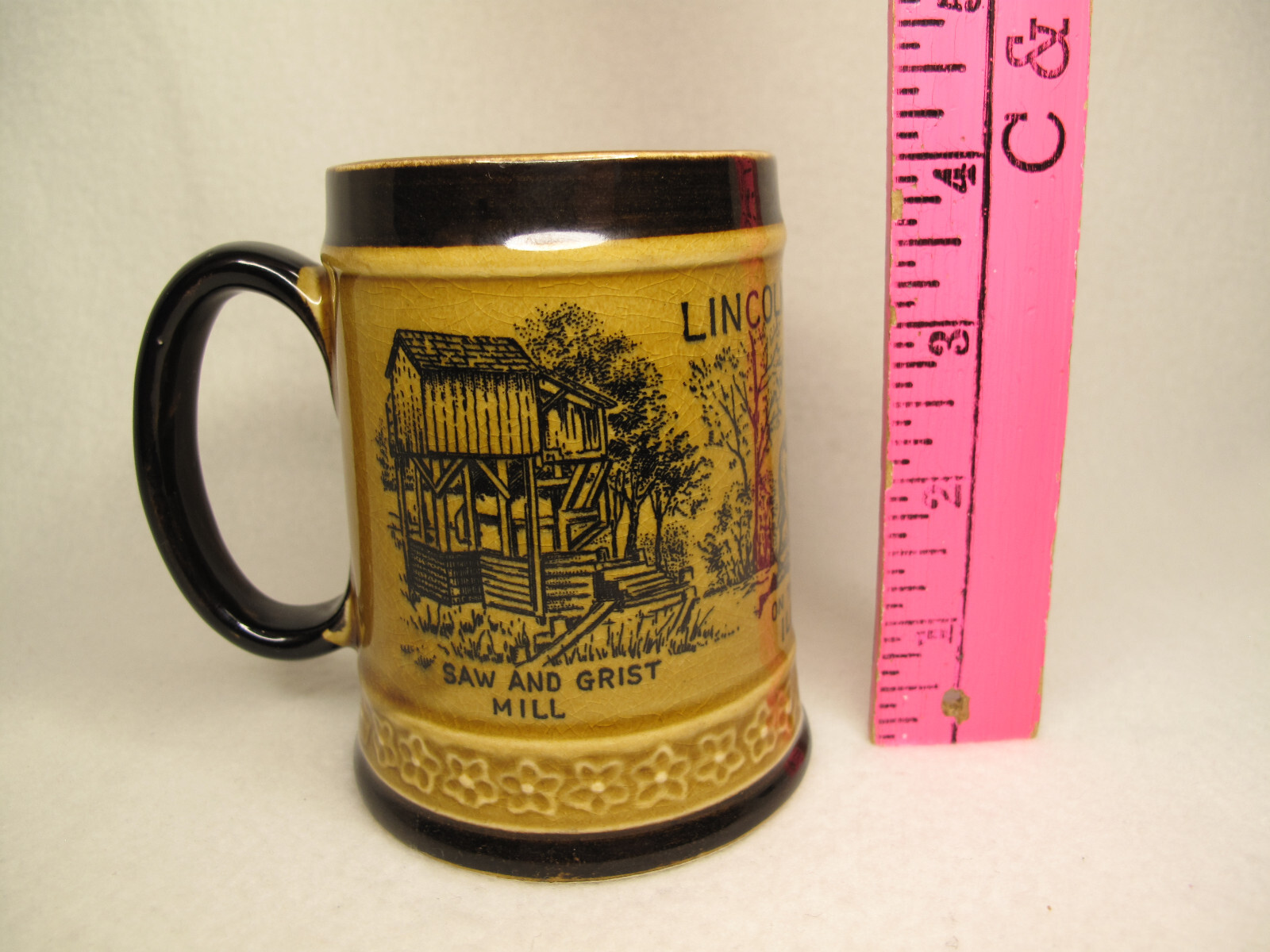 VTG Lincoln’s New Salem Coffee-Tea-Cocoa Cup-Mug-Stein~Brown~Floral-Americana