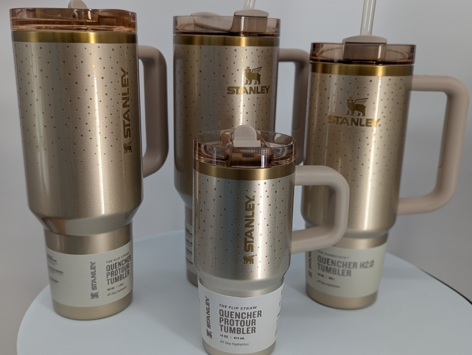 new STANLEY Protour Tumbler water bottle cup 14OZ Prosecco Shimmer Gold NO spill