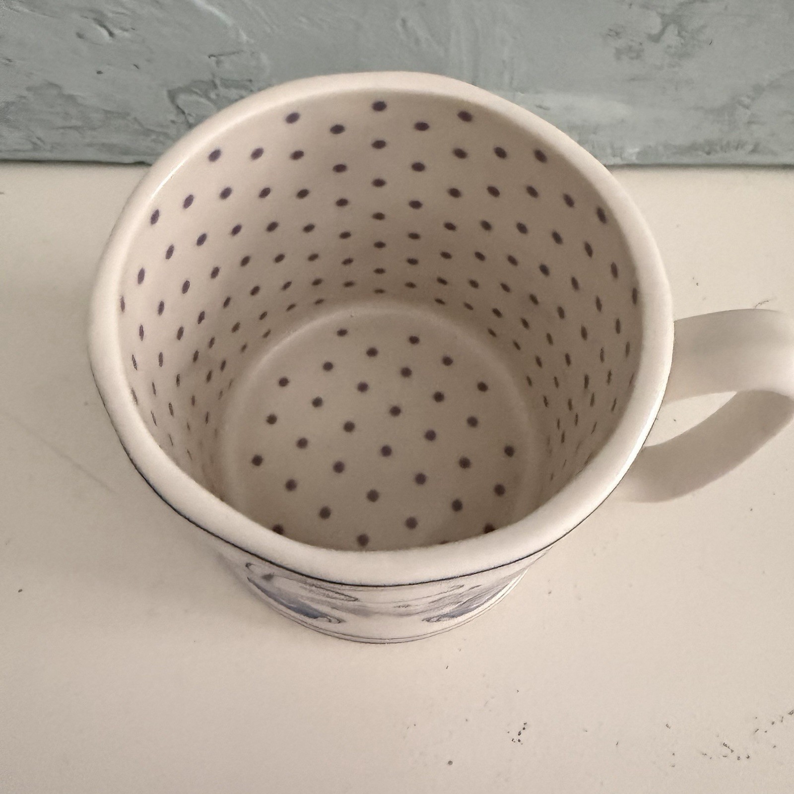 ANTHROPOLOGIE Coffee Tea Mug Ciao Bella Cat Blue Polka Dot Interior CUP Ceramic