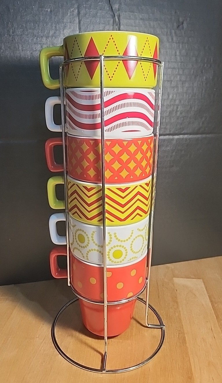 Living Solutions Set Of 6 COLORFUL Cappuccino Mugs & Metal Storage Rack, 10oz ea