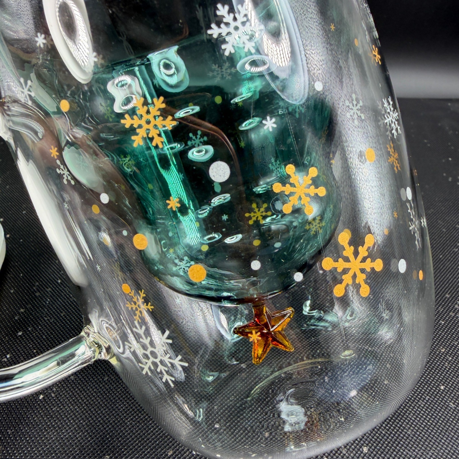Christmas Tree Double Wall Glass Mug 250ml Teal Green Snowflake Insulated Cup