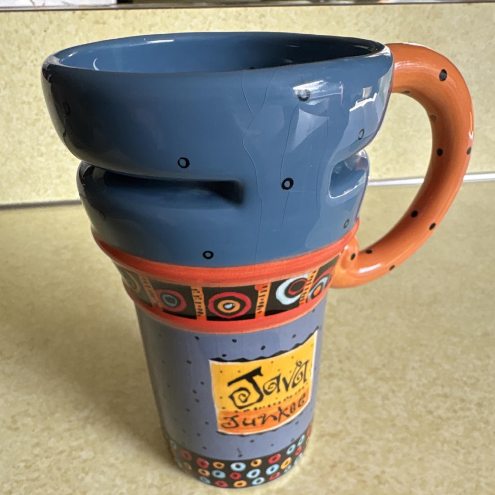 Java Junkie Ceramic Coffee Mug Blue Orange Multicolor Art Deco Design.
