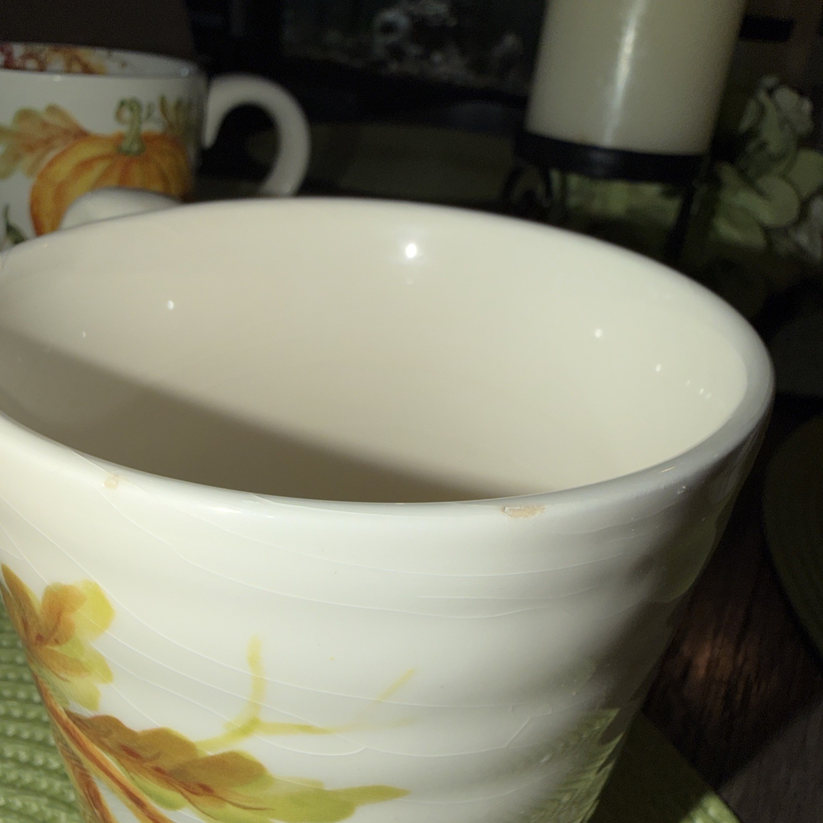 Lot of 4 ~20 OZ Maxcera Pumpkin Mugs and 3 ~6” plates Ceramic Pottery Harvest