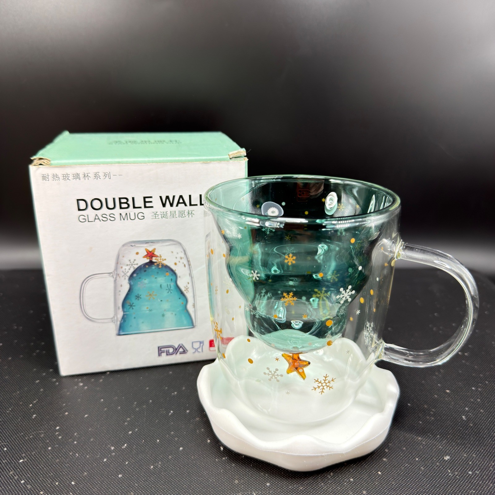 Christmas Tree Double Wall Glass Mug 250ml Teal Green Snowflake Insulated Cup