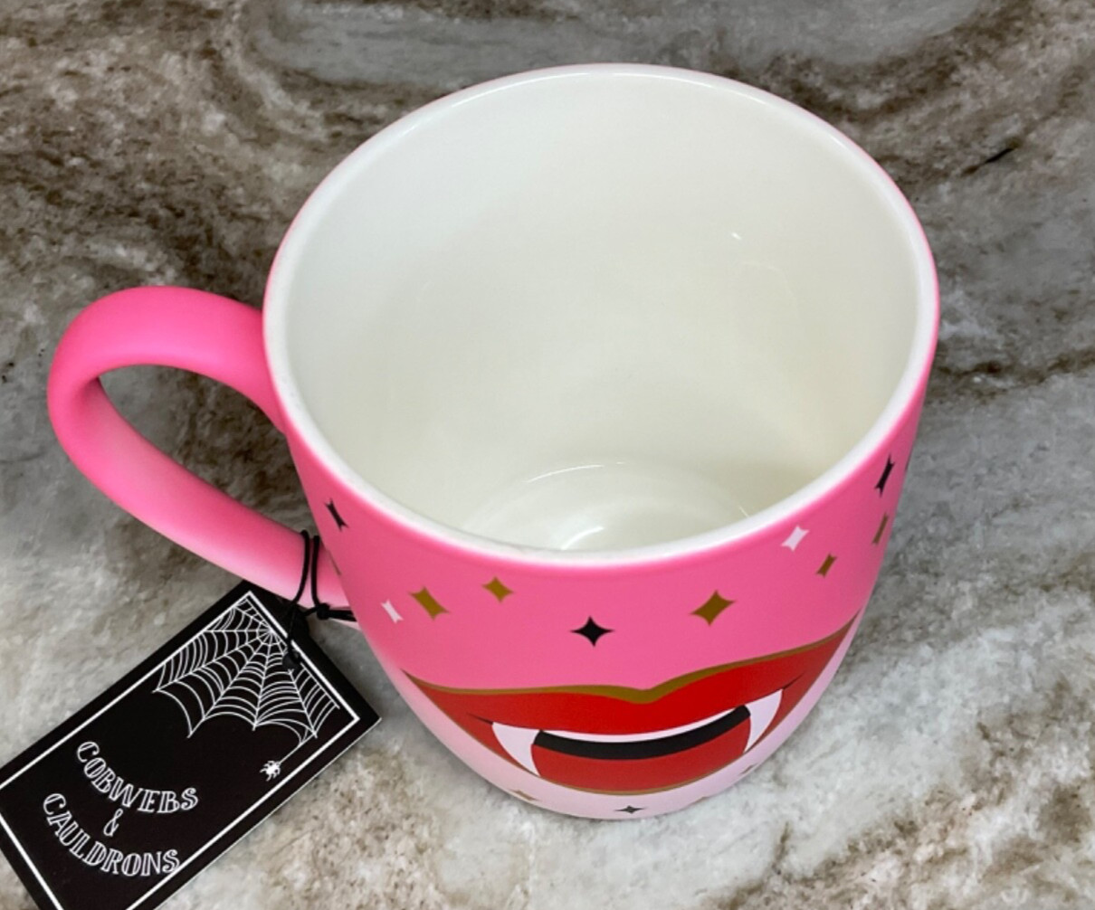 Halloween Coffee Mug Vampire Lips Cobwebs & Cauldrons Soft Touch Gold Stars New