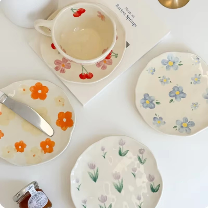 Flower Pattern Ceramic Cup Korean Style Saucer Set Hand Pinched Irregular Coffee