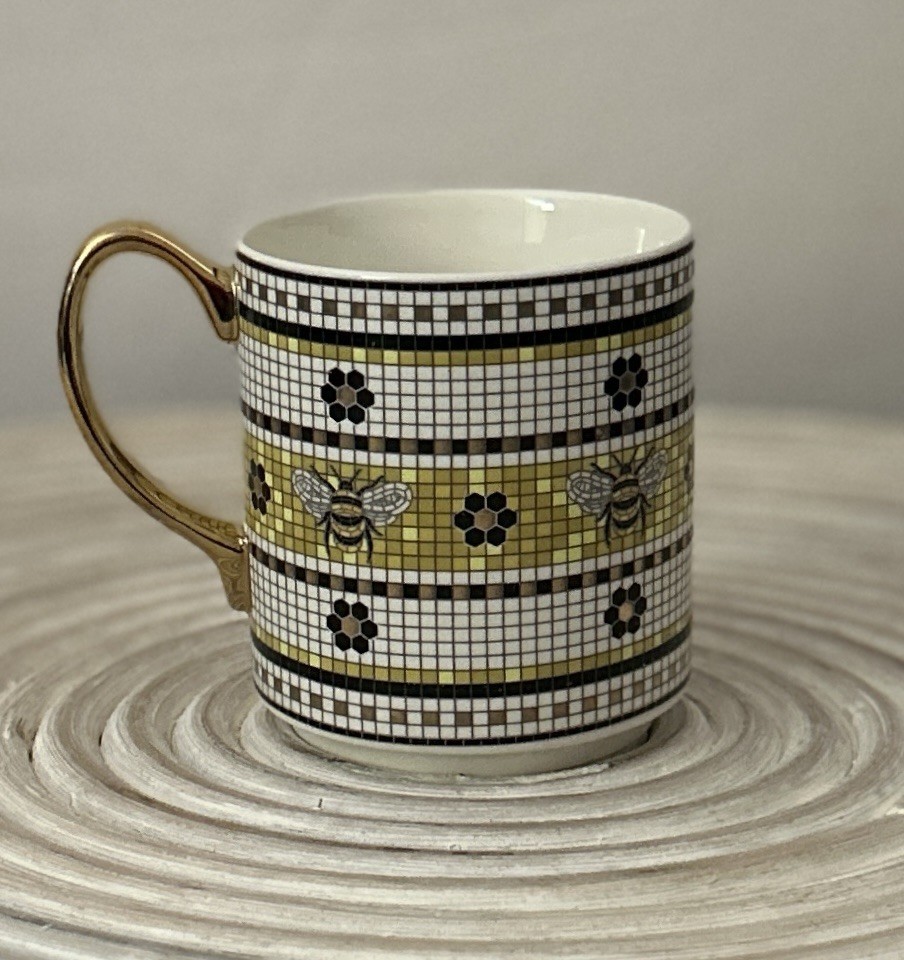 Anthropologie Bistro Tile Mug Garden Edition Bee Gold White Black Mosaic NEW NIB