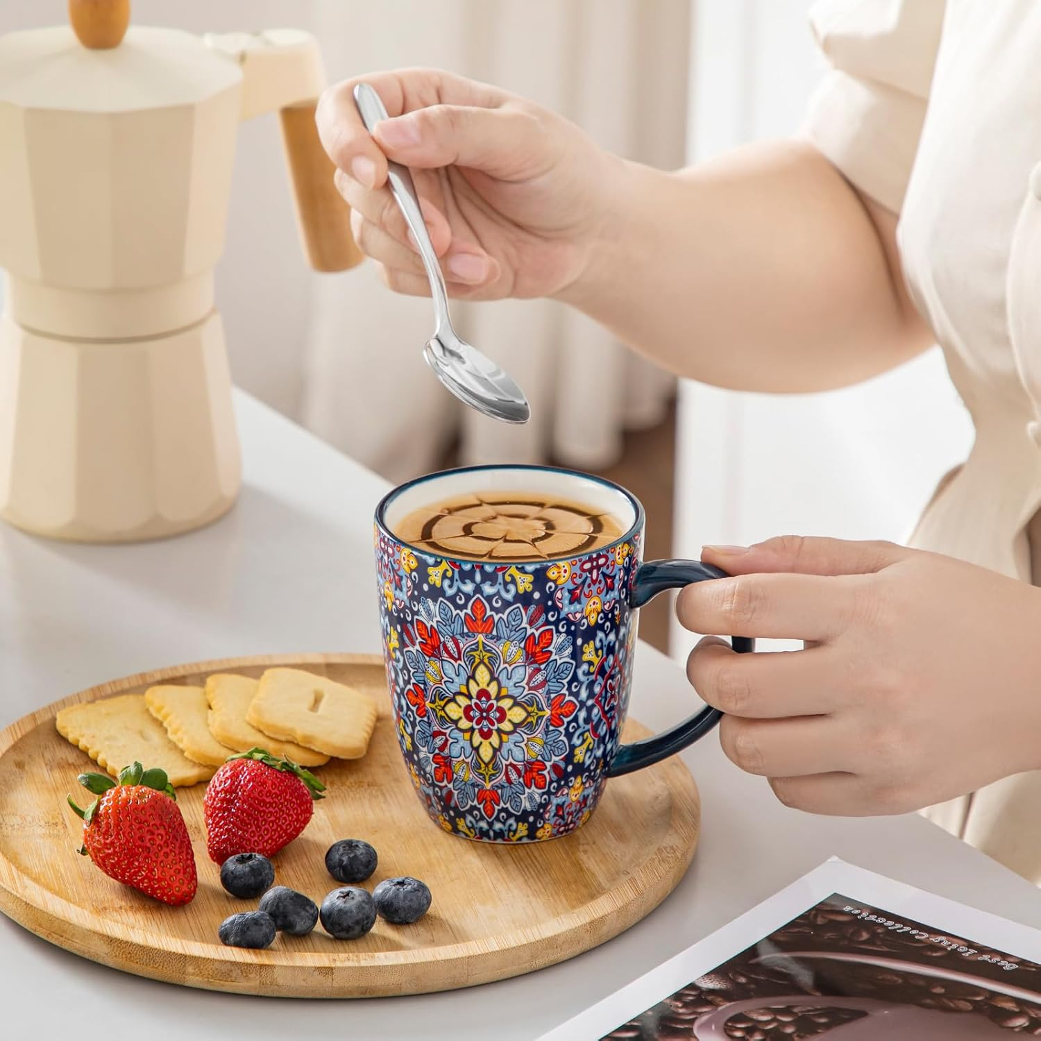 Set of 6 Boho Ceramic Coffee Mugs, 12 Oz, Dishwasher & Microwave Safe