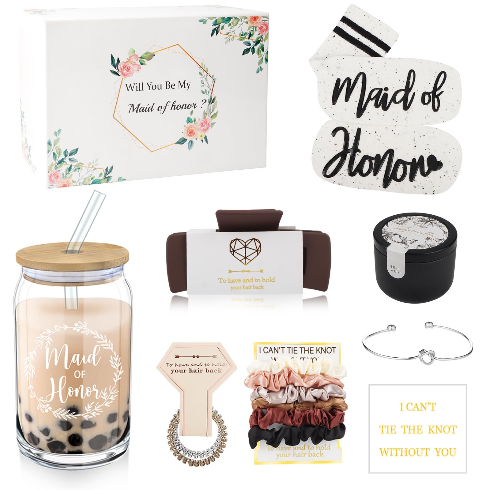 10pcs Maid of Honor Proposal Gifts Set,16OZ Drinking Glasses for Wedding,Whit…