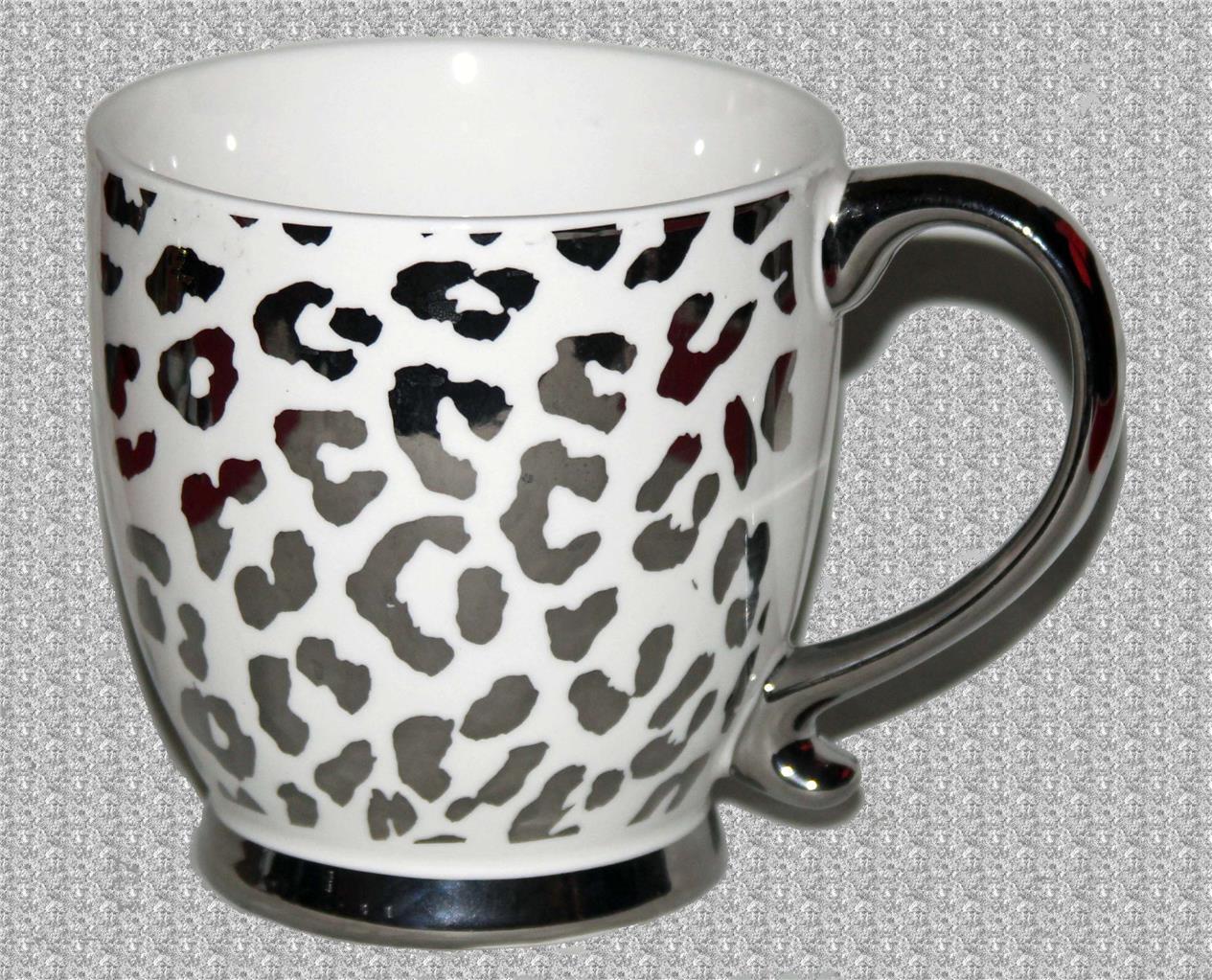 Gibson Leopard Print Silver Electroplated Footed Scroll Handle 16.7 Oz Mug NWT