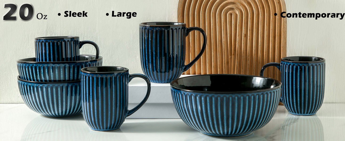 20 Oz Large Ceramic Coffee Mug, Ribbed Textured Tea Cup with Big Easy Grip