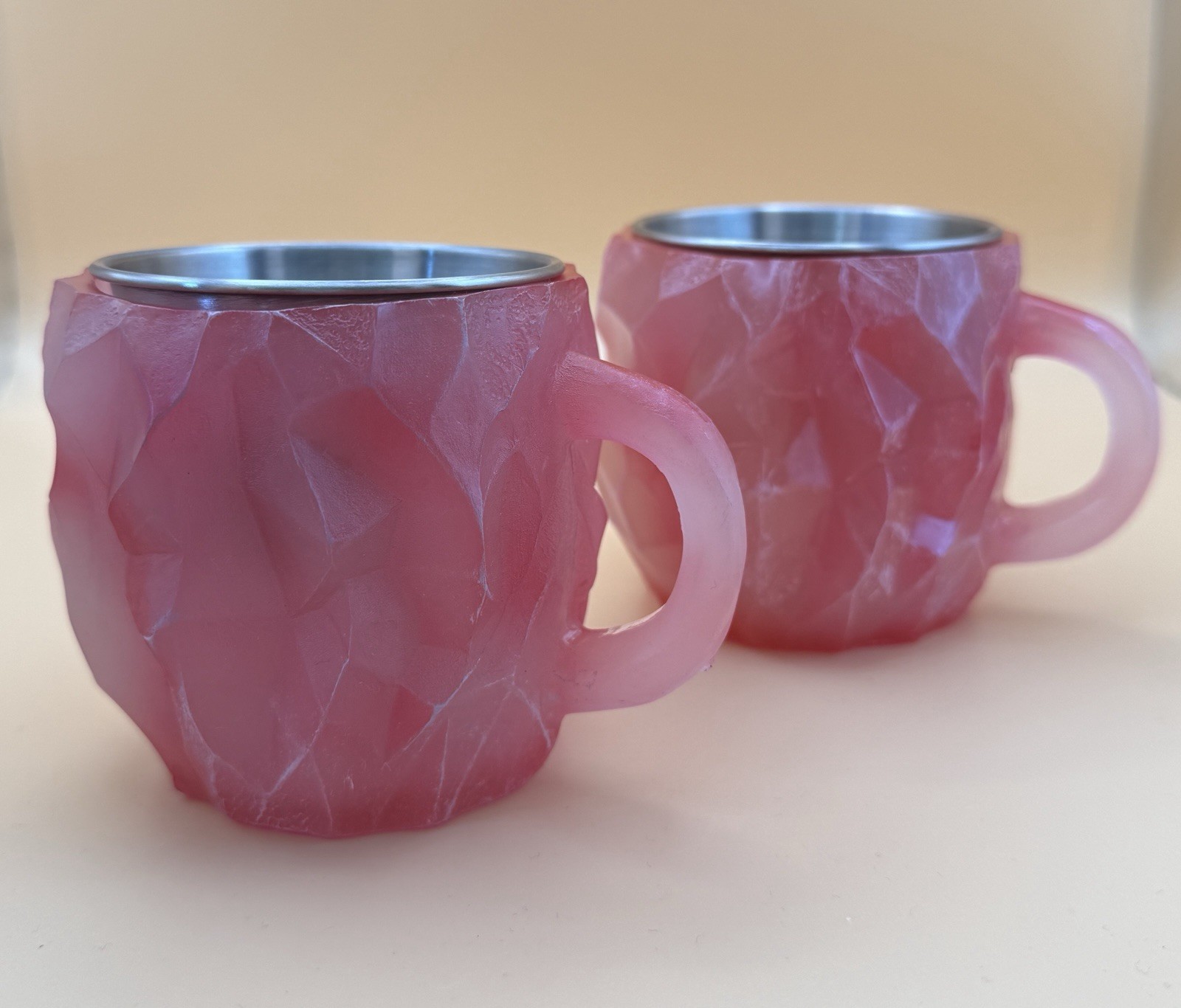 Pink Resin Faux Mineral Crystal Stainless Steel Coffee Mug Set Two-Piece