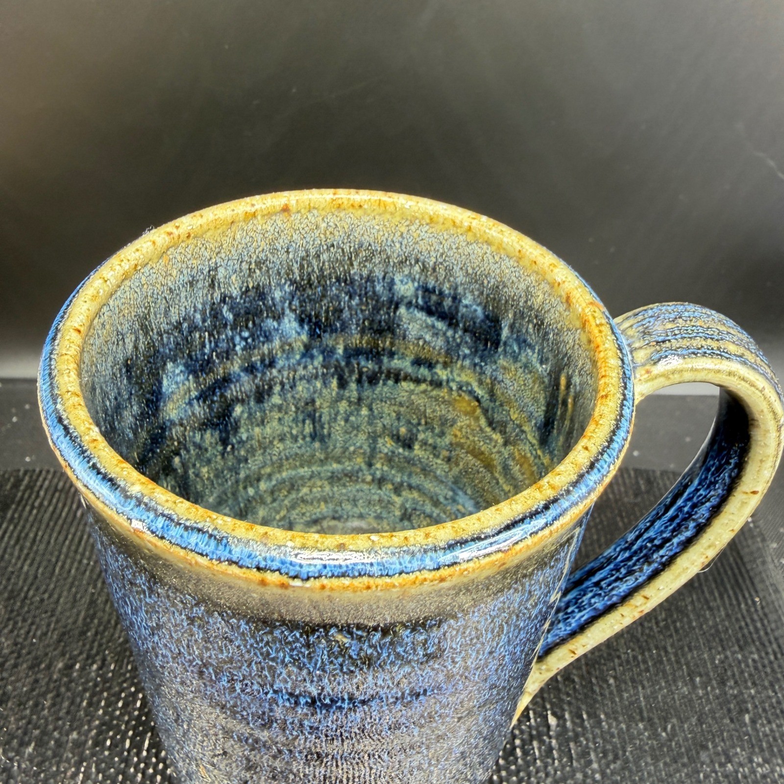 Studio Pottery Blue Tan Drip Glaze Stoneware Mugs Set of 2 Handcrafted 5in