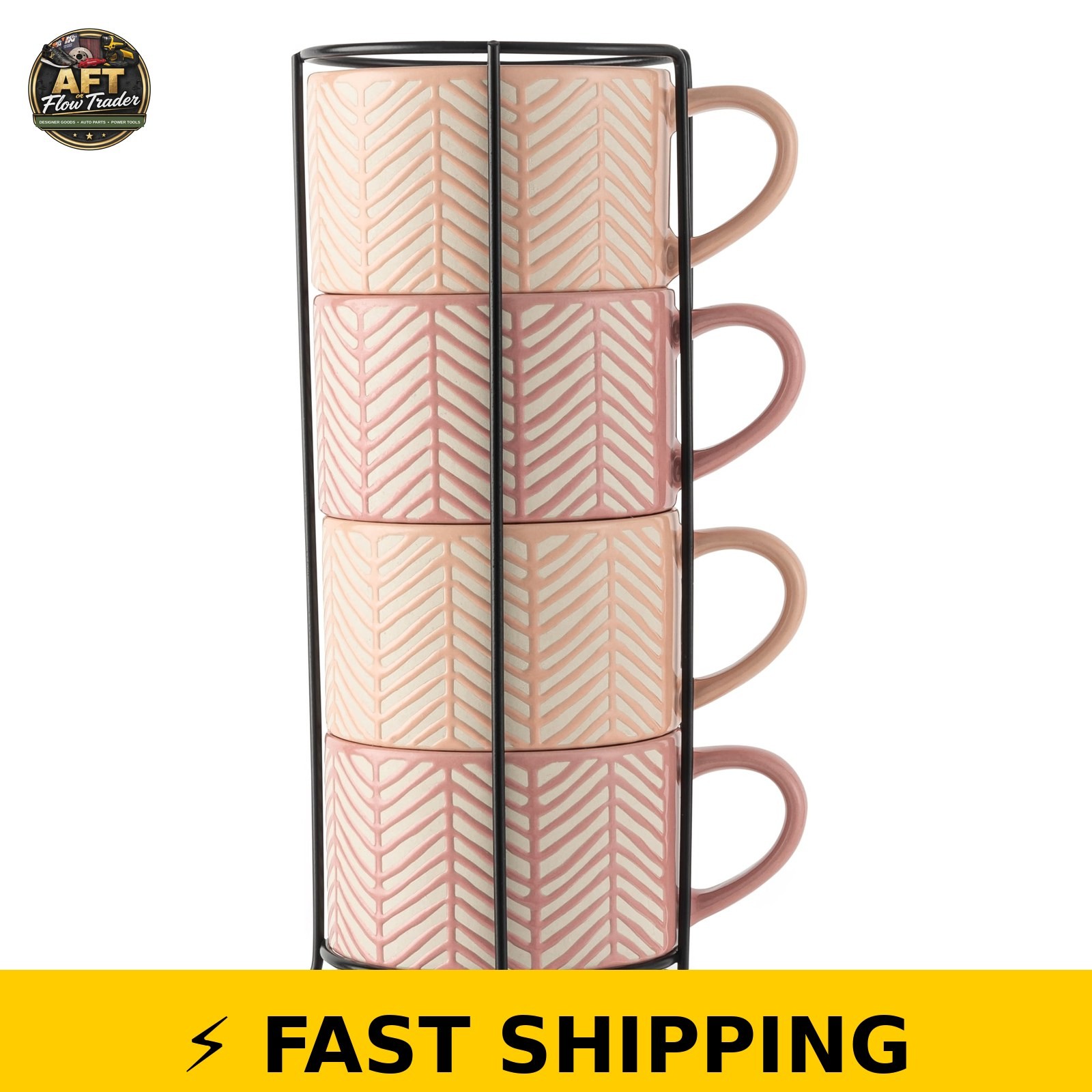 Thyme & Table Stacking Mugs, Pink & White Lines, Set of 4