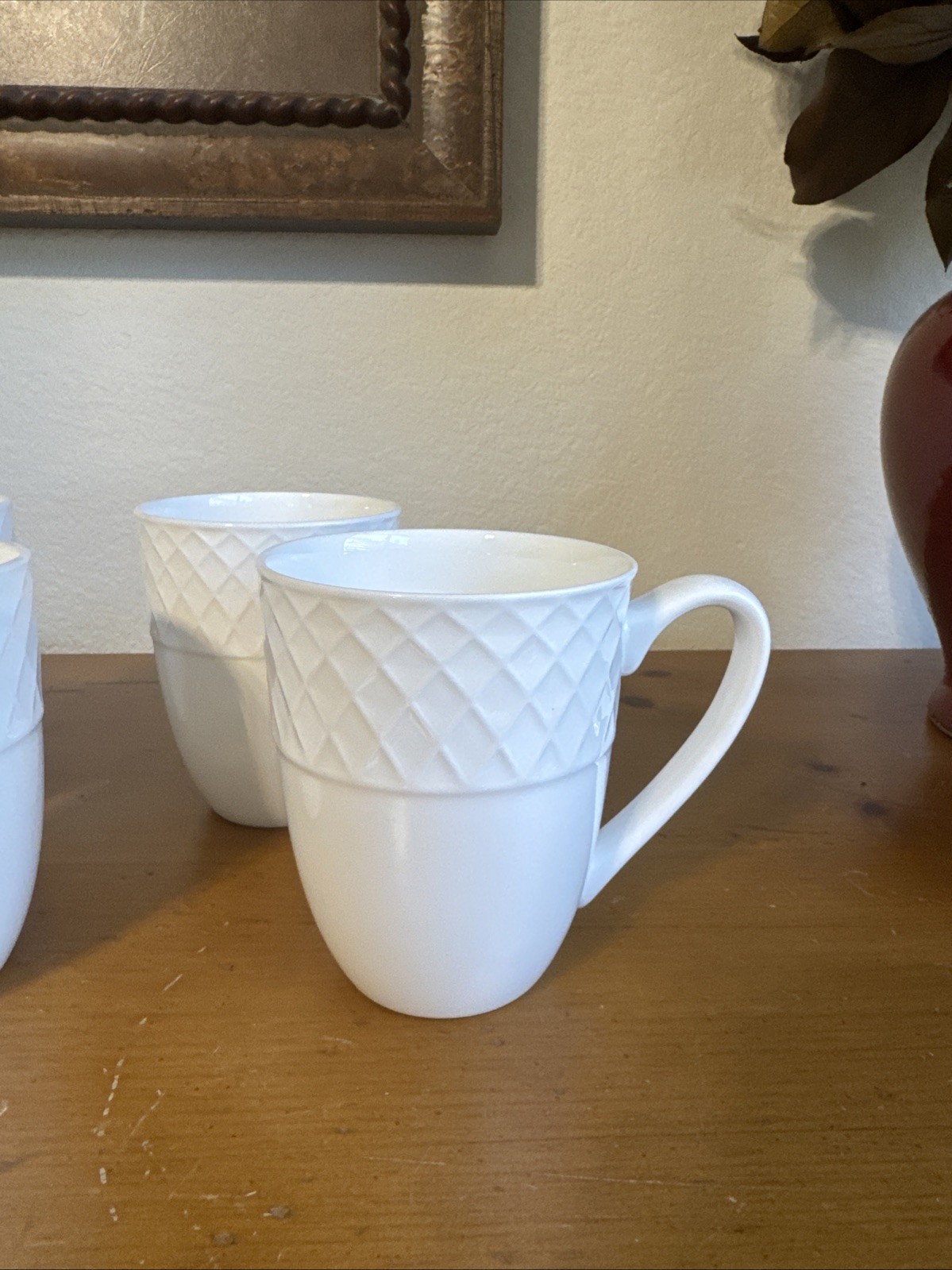 Mikasa Trellis Bone China Set Of 4 White 14oz. Coffee Tea Mugs Cups – Read Info