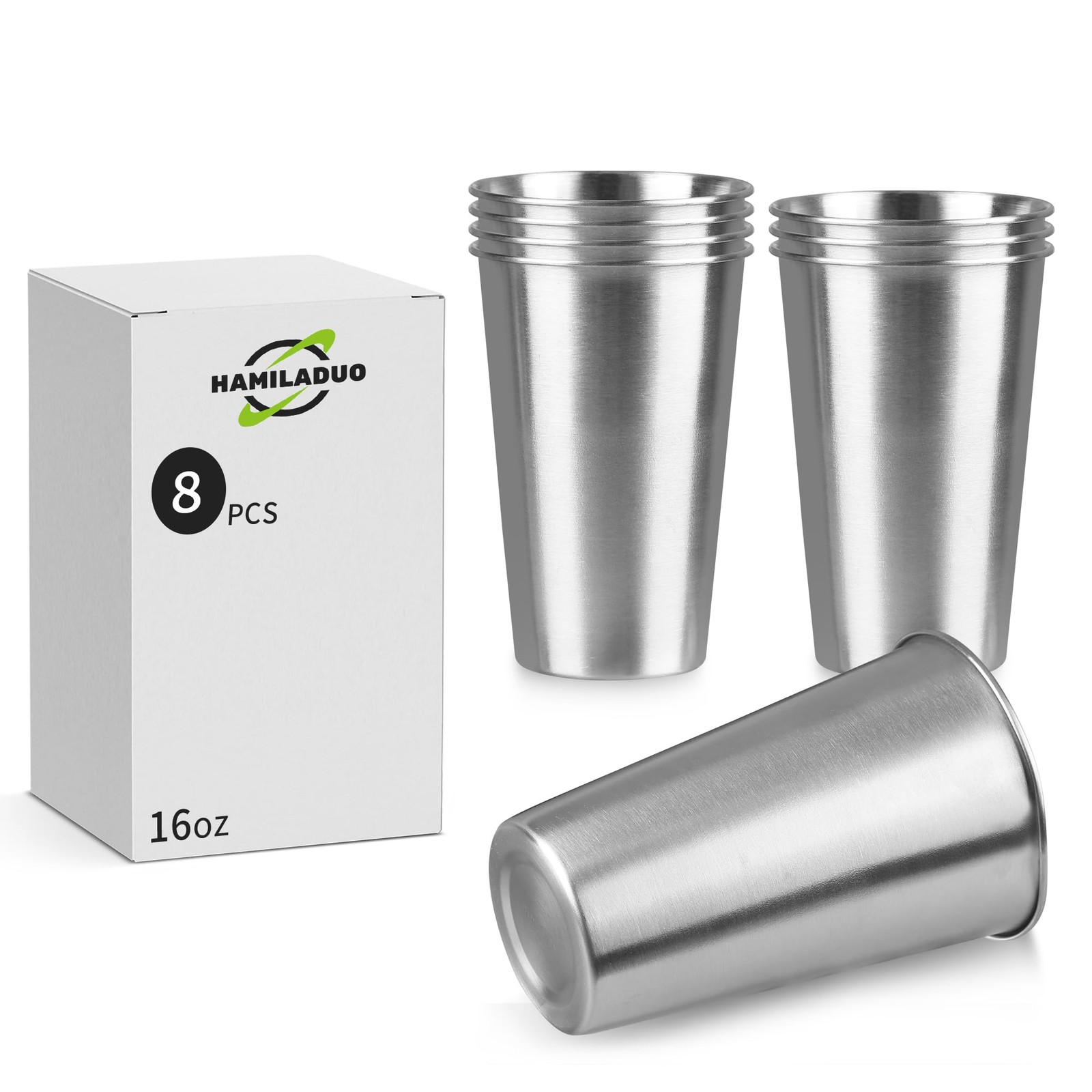 8 Pack 16oz Stainless Steel Pint Cups, Stackable Reusable Tumbler BPA Free