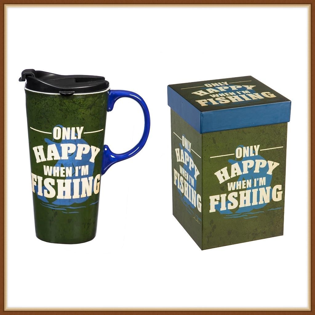 EVERGREEN TRAVEL MUG * ONLY HAPPY WHEN I’M FISH * PERFECT CUP – MATCHING BOX NEW