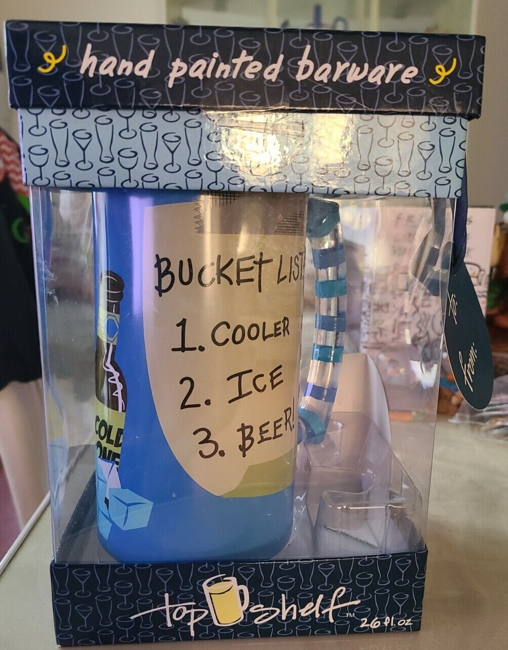 Top Shelf hand painted “Bucket List” Beer Stein Mug Barware 26 FL.OZ. NEW
