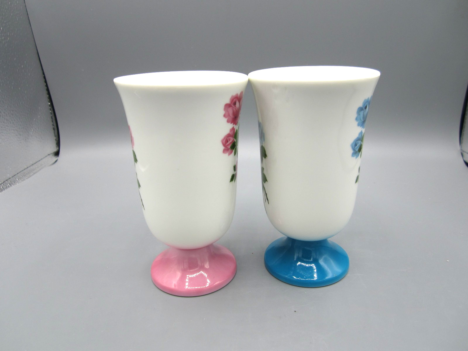 Pair of Footed Japan White Pink Rose, Blue Rose Coffee Tea Cup 9 oz. (577)