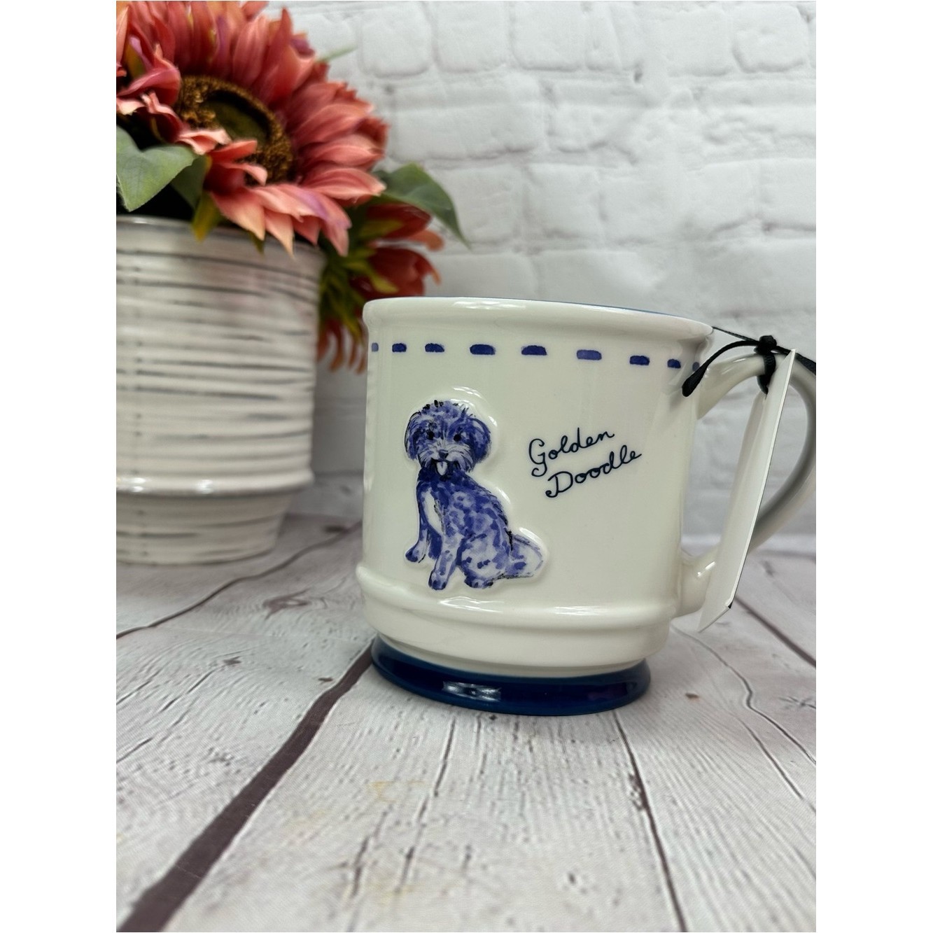 NWT dwell studio golden doodle Mug Blue White traditional cottage minimalist