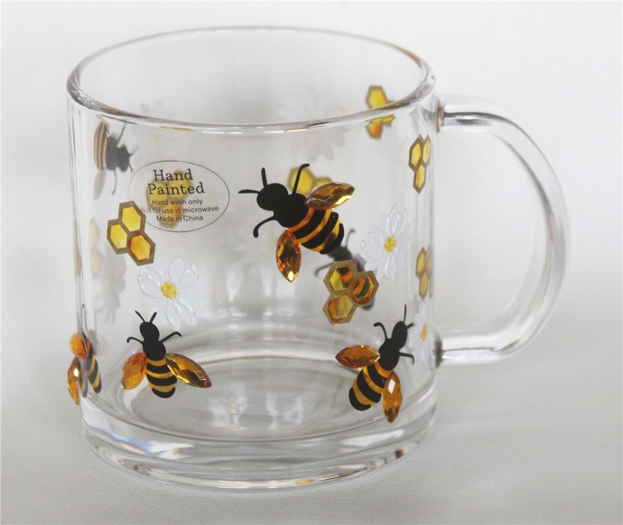Large Amber Rhinestones Bumblebees Flowers Handpainted 20 Oz Heavy Glass Mug NEW
