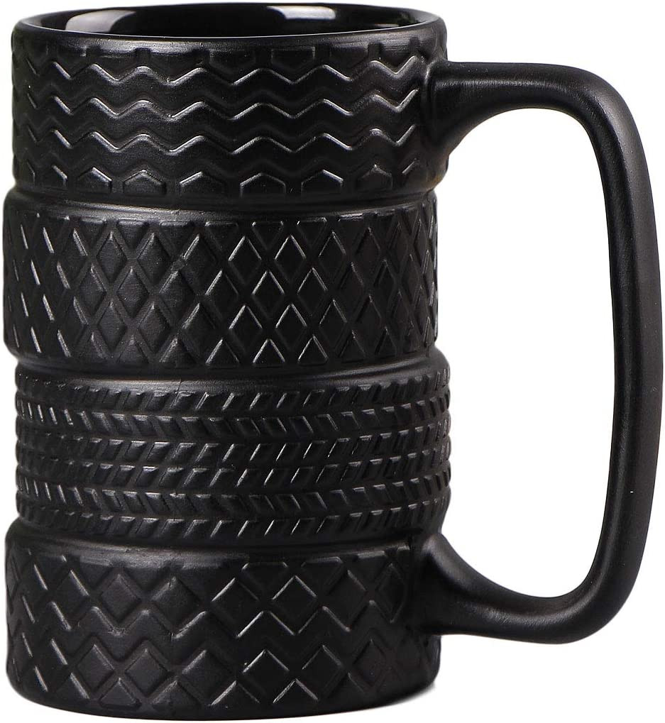 3D Tire Shaped Ceramic Mug 14oz Coffee Cup Black Tyre Design Gift for Car Lovers