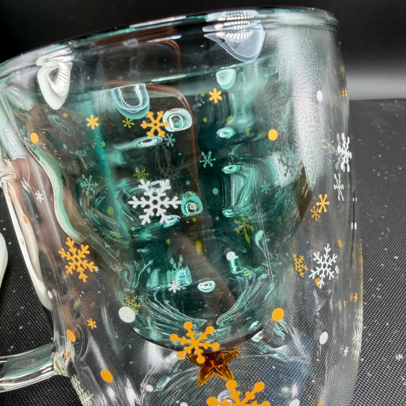 Christmas Tree Double Wall Glass Mug 250ml Teal Green Snowflake Insulated Cup