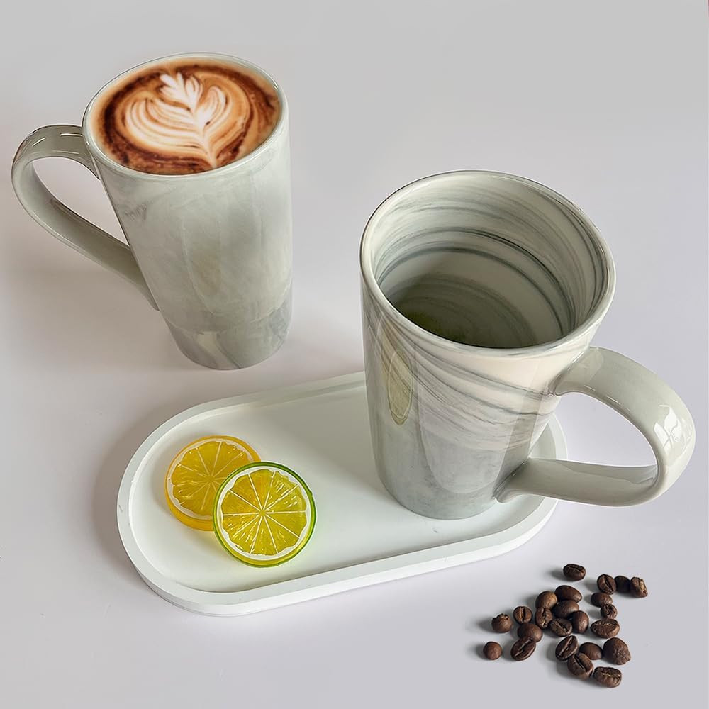 20 OZ Large Coffee Mugs, Grey Marble Ceramic Tall Beer Cups with Handle Set of 2