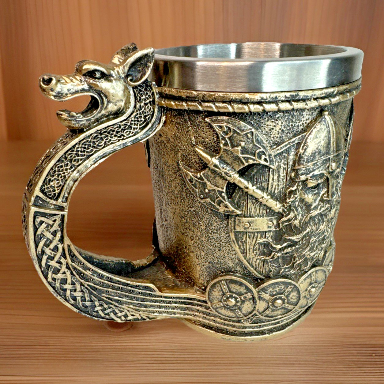 Viking Man Ship Dragon Tankard Mug Nordic Beer Mug Cup Resin Stainless interior
