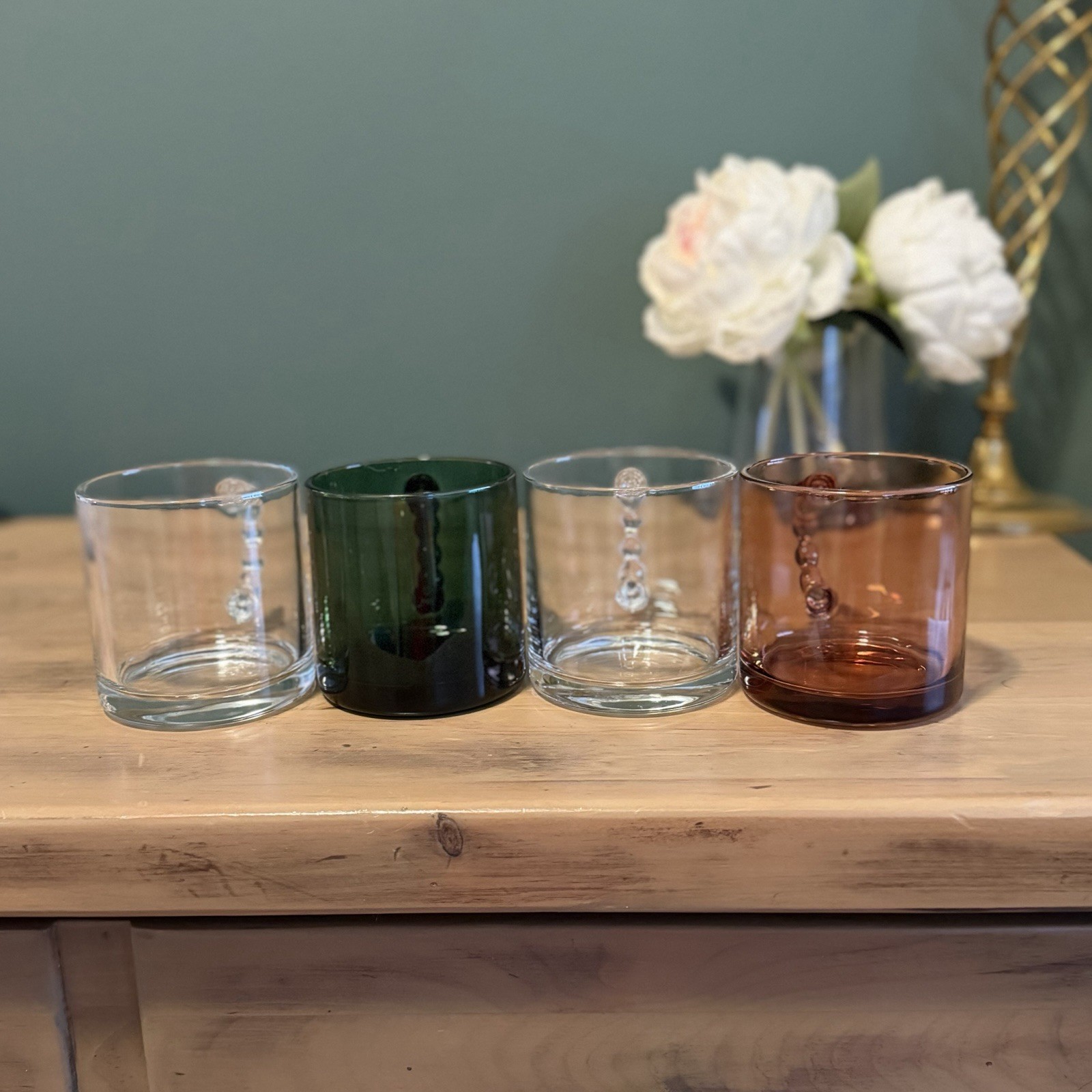 Set of 4 Glass Mugs Bubble Handle Clear Green Amber Modern Coffee Cups