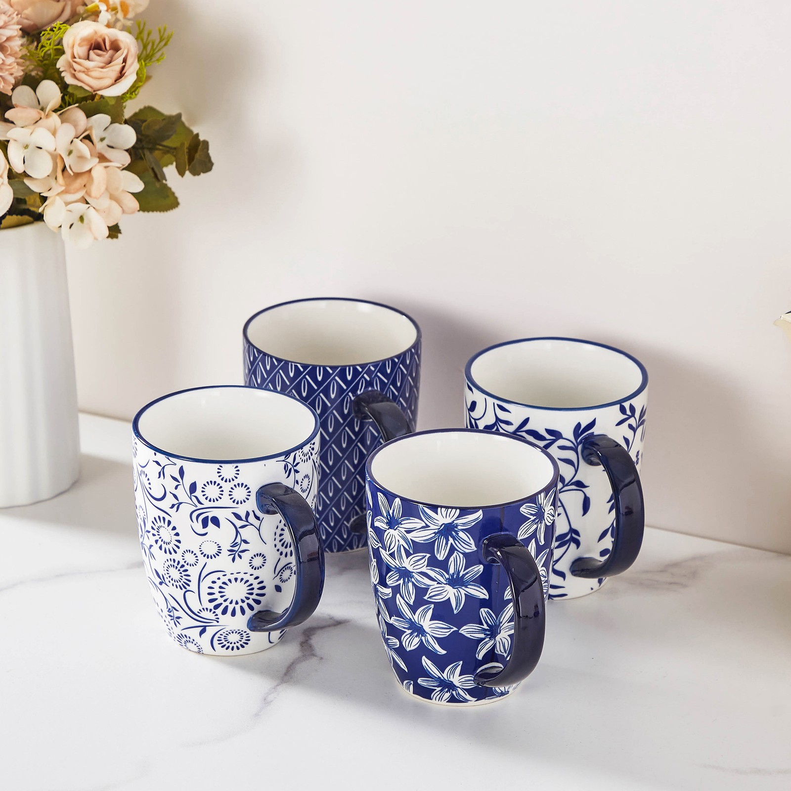 vancasso 16 fl oz Blue and White Porcelain Coffee Mugs, Set of 4 Mugs Drinkware