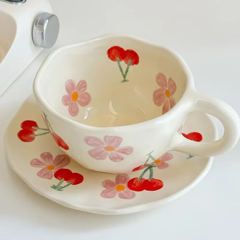 Flower Pattern Ceramic Cup Korean Style Saucer Set Hand Pinched Irregular Coffee