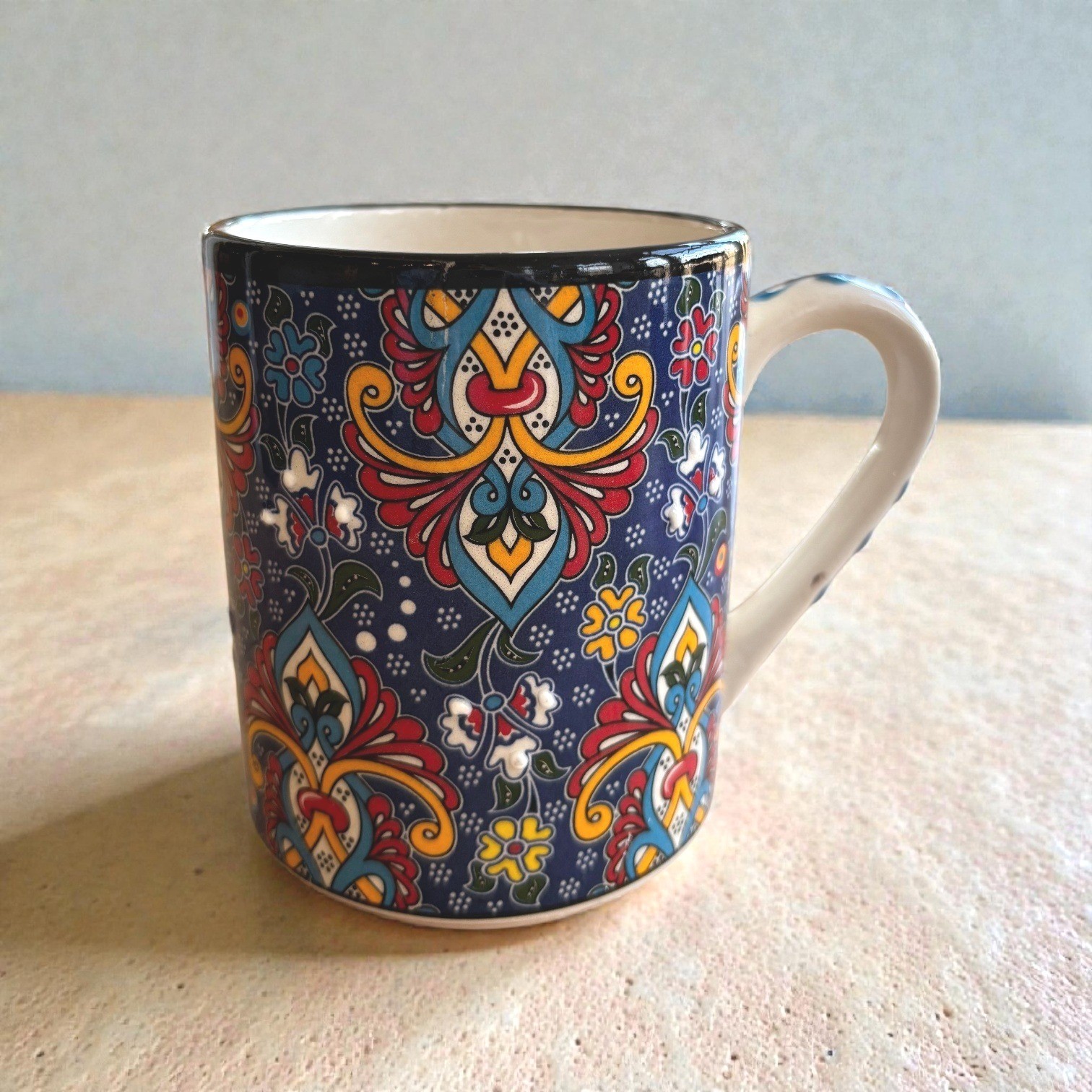 Vintage Hand Painted Turkish Ceramic Mug Iznik Design & Vibrant Colors