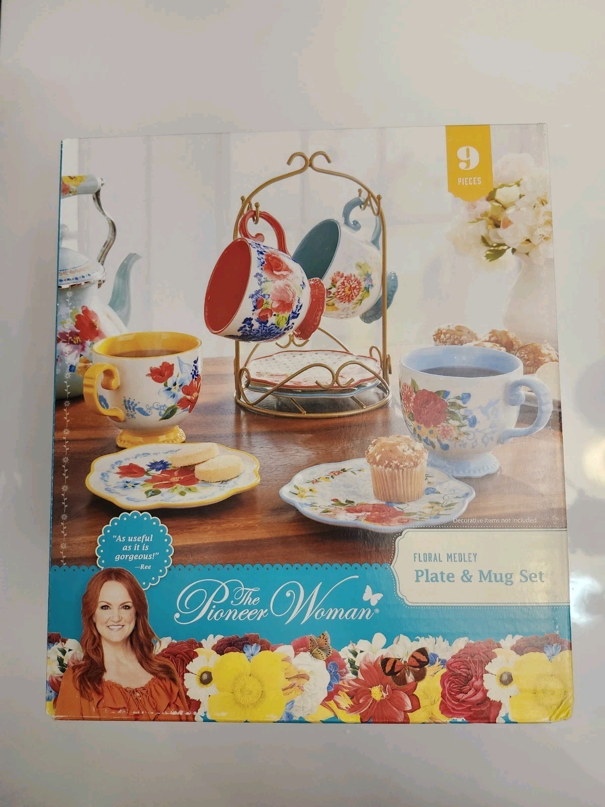 The Pioneer Woman Floral Medley Mug Rack w/Appetizer Plates & Mugs 9 PC Set