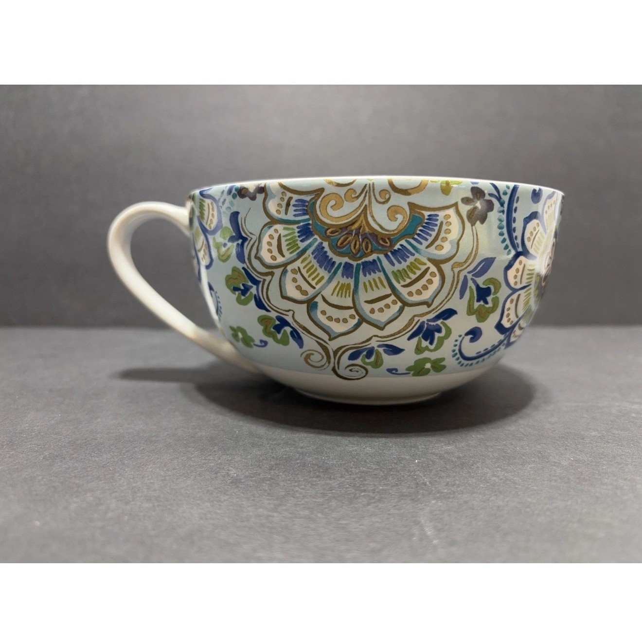 222 Fifth Aisha Fine China Soup Mug Oversized Coffee Cup Blue Paisley Floral