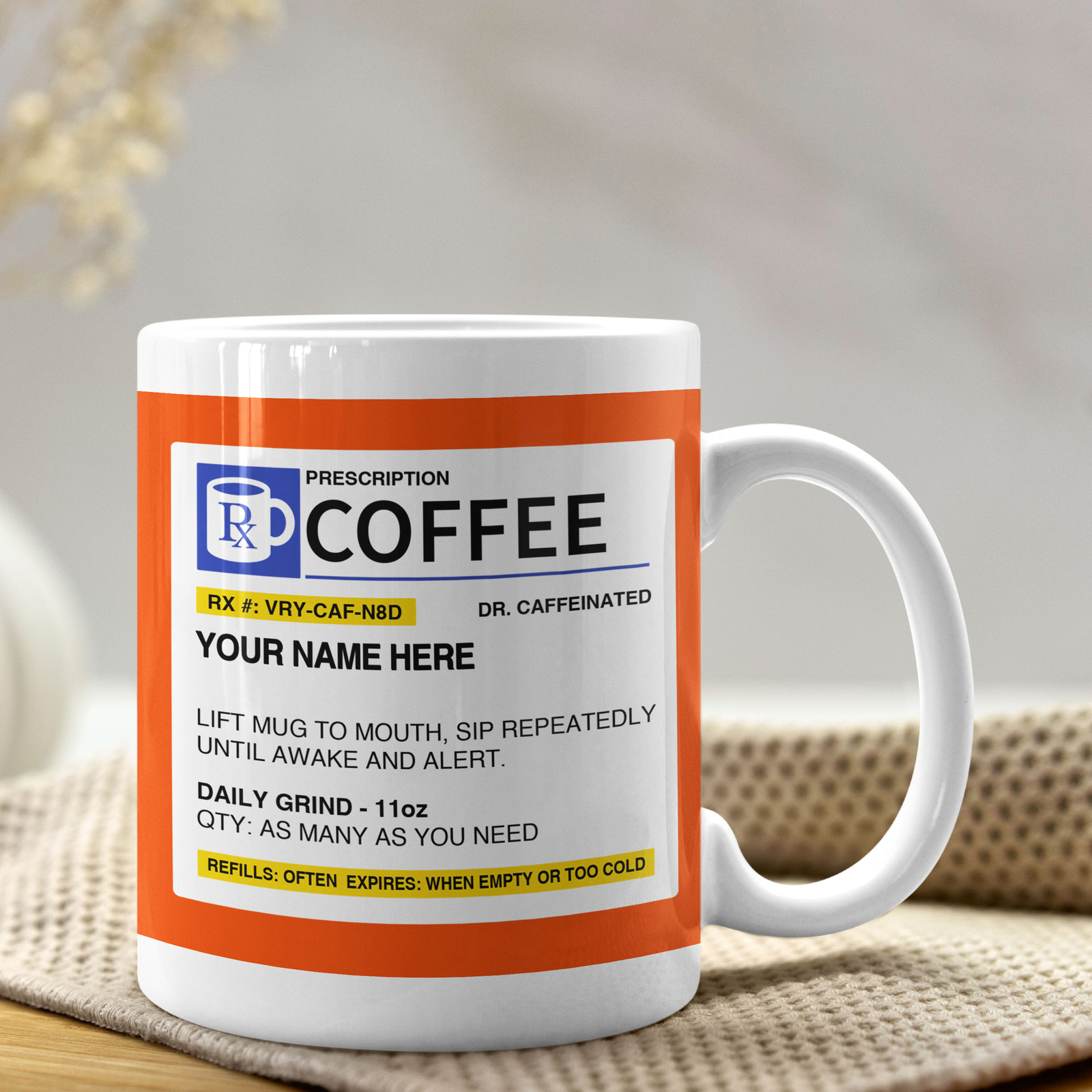 Prescription Coffee Mug – Personalized RX Style Cup, Funny RX Custom Name Gift