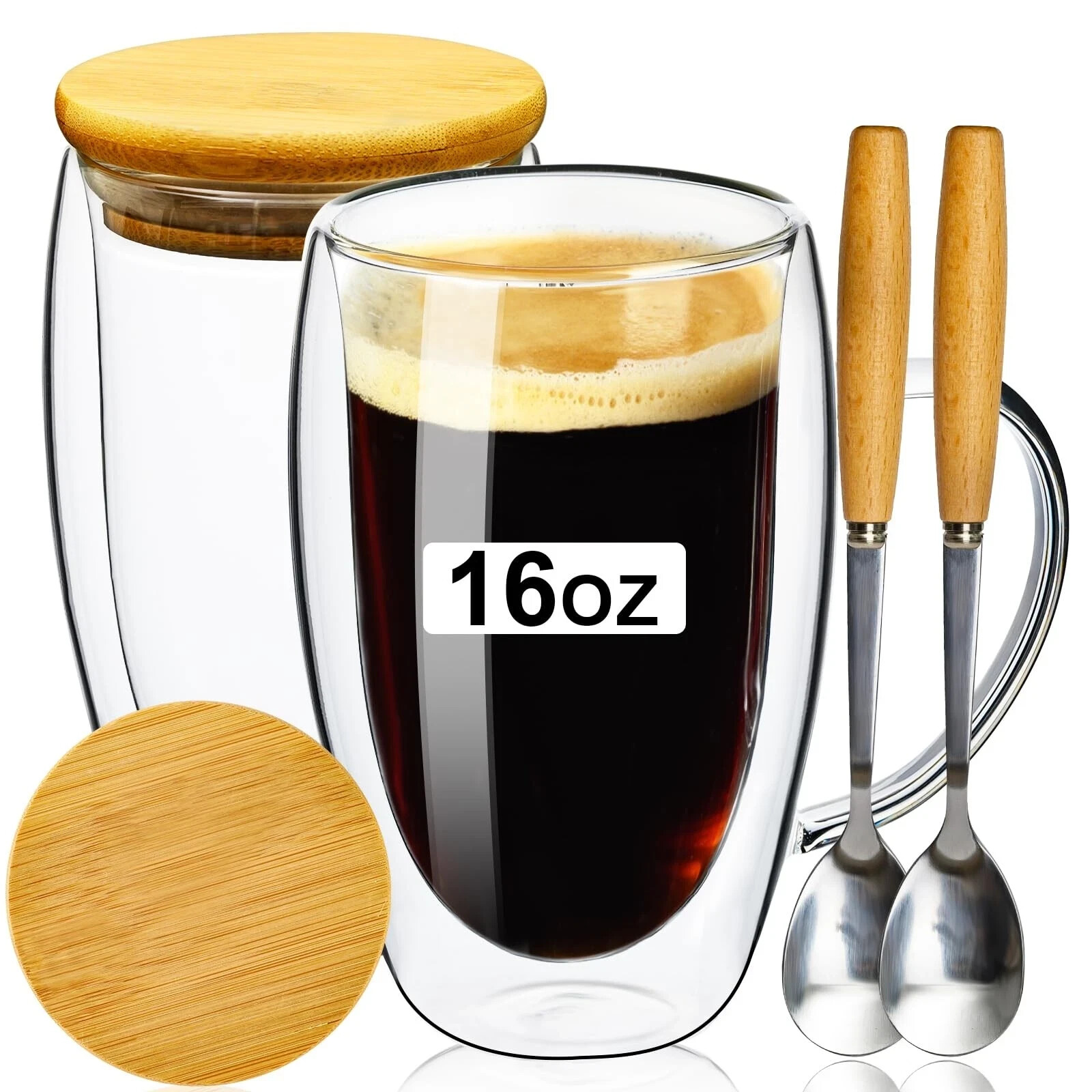 Double Wall Glass Coffee Mugs 16OZ with Bamboo Lid/Spoon, Glass Coffee Cups Set