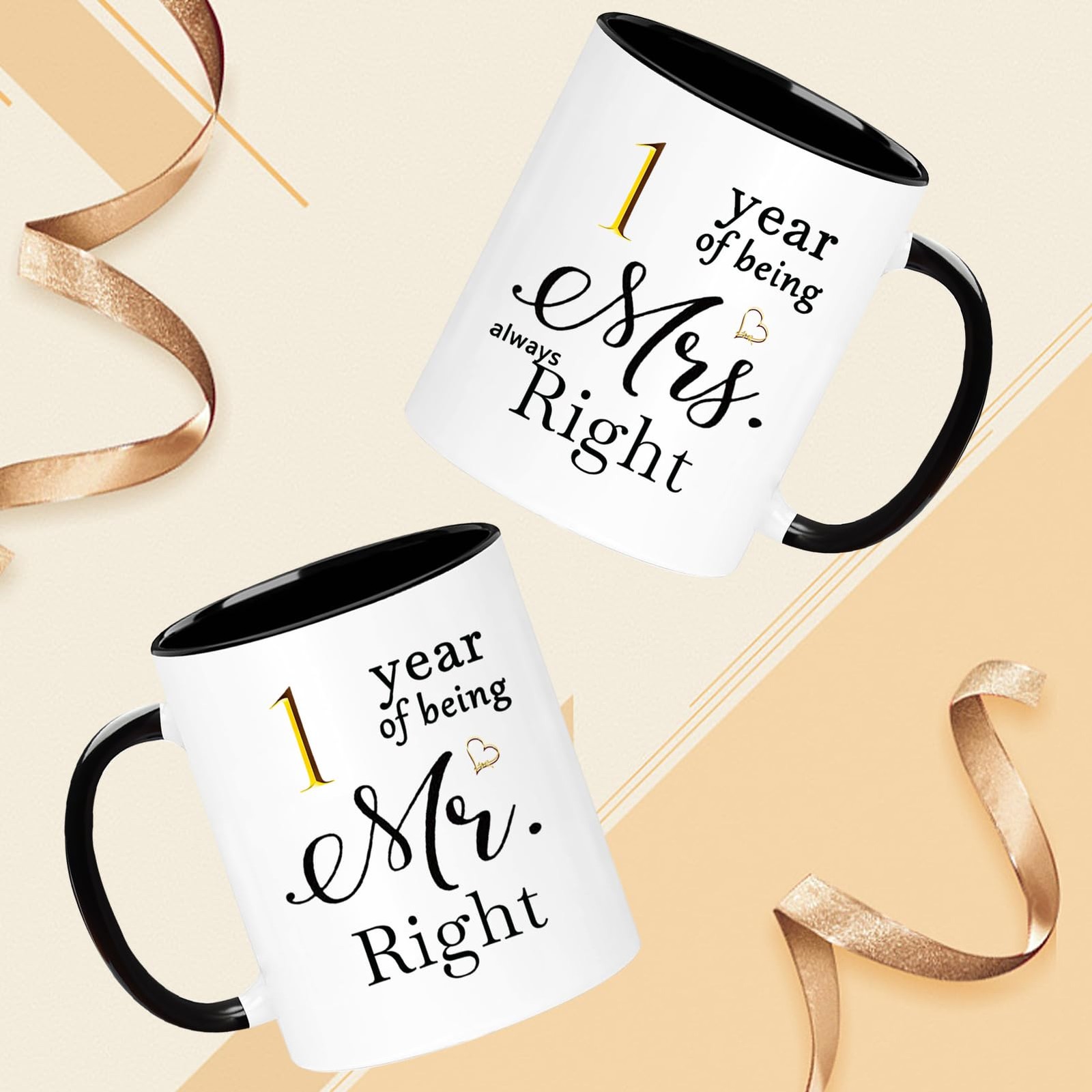 Set of 2 11oz 1 Year Anniversary Coffee Mugs 1th Wedding Gifts for Couple