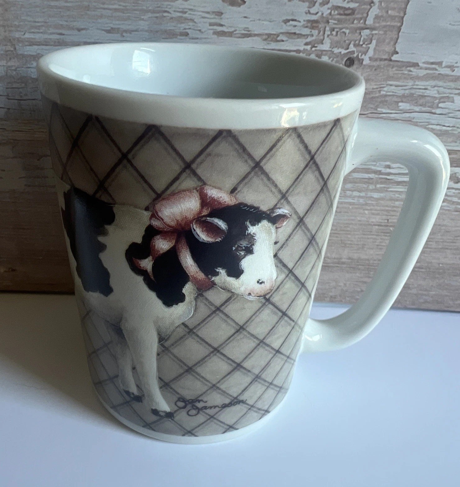Otagiri Heartprint Cow Plaid Ceramic Coffee Mug 11 fl oz Japan Country Style