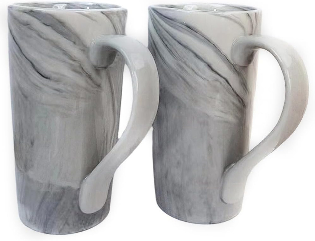 20 OZ Large Coffee Mugs, Grey Marble Ceramic Tall Beer Cups with Handle Set of 2