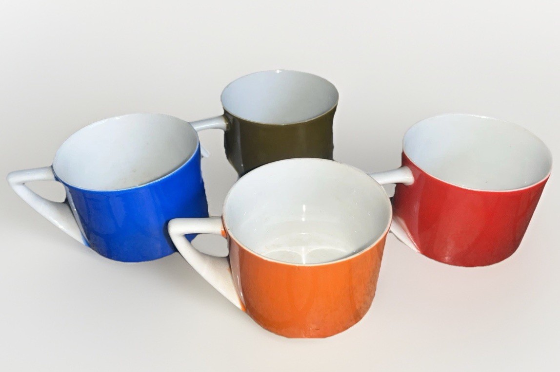 VINTAGE ATC JAPAN MID CENTURY MODERN MULTI COLOR MUGS. BLUE, RED, GREEN, ORANGE