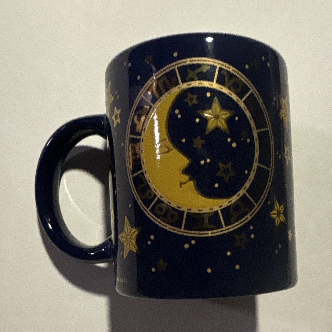 Blue Ceramic Coffee Mug Gold Stars Crescent Moon 10 fl oz 1994 J.I.T.