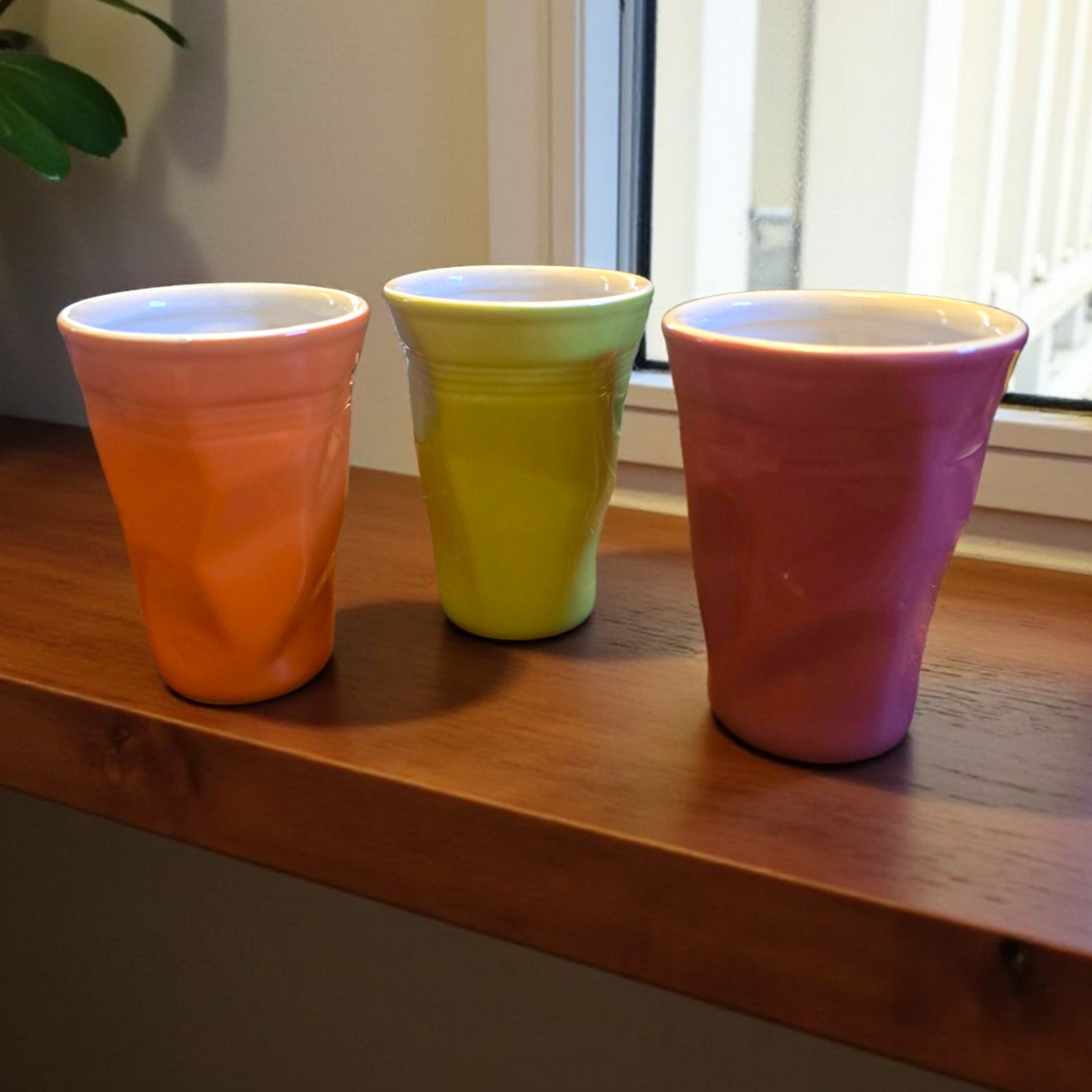 3 Porcelain Crumpled Crush 9 Oz Cup Mug Tumbler Set Green Orange Purple 4.5″