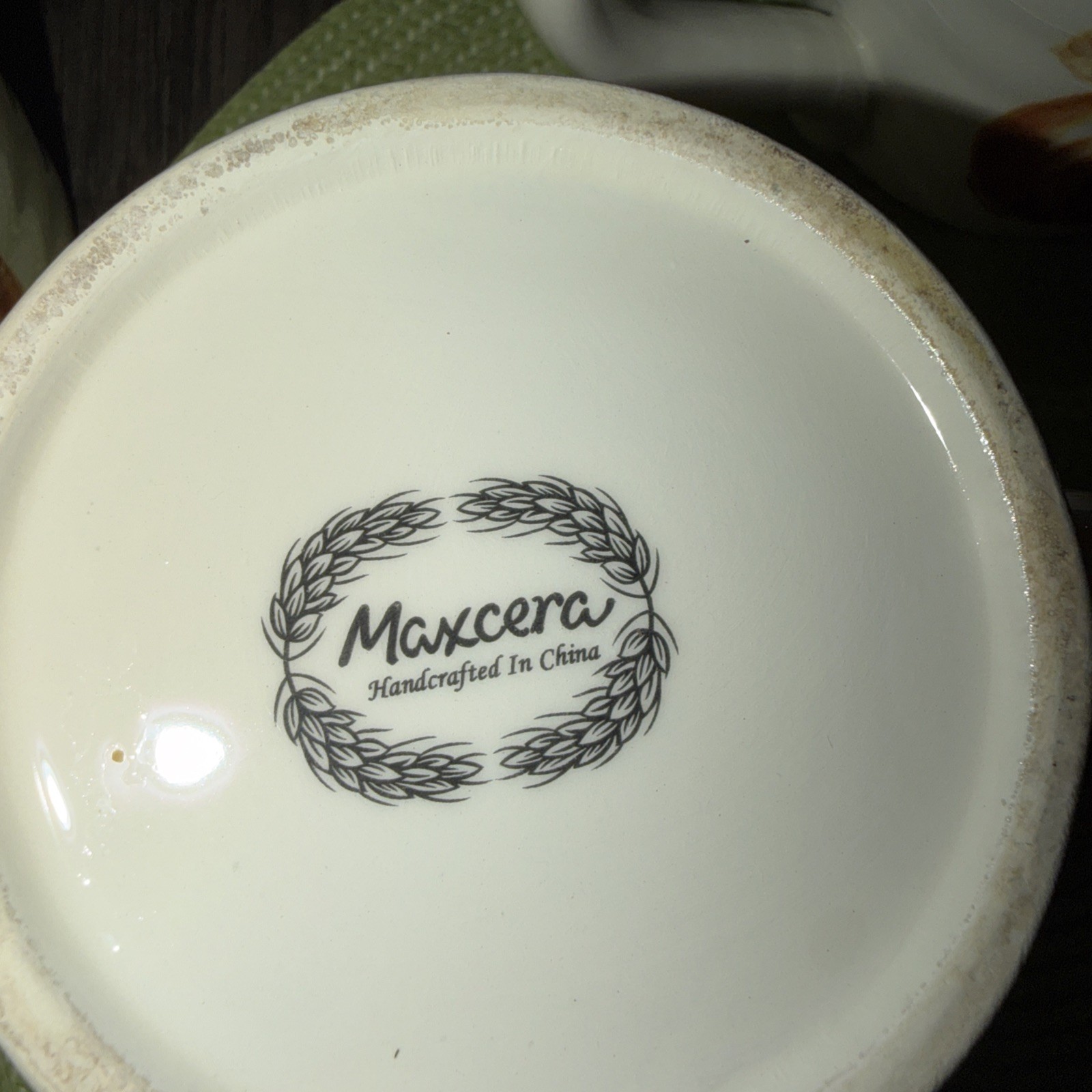 Lot of 4 ~20 OZ Maxcera Pumpkin Mugs and 3 ~6” plates Ceramic Pottery Harvest